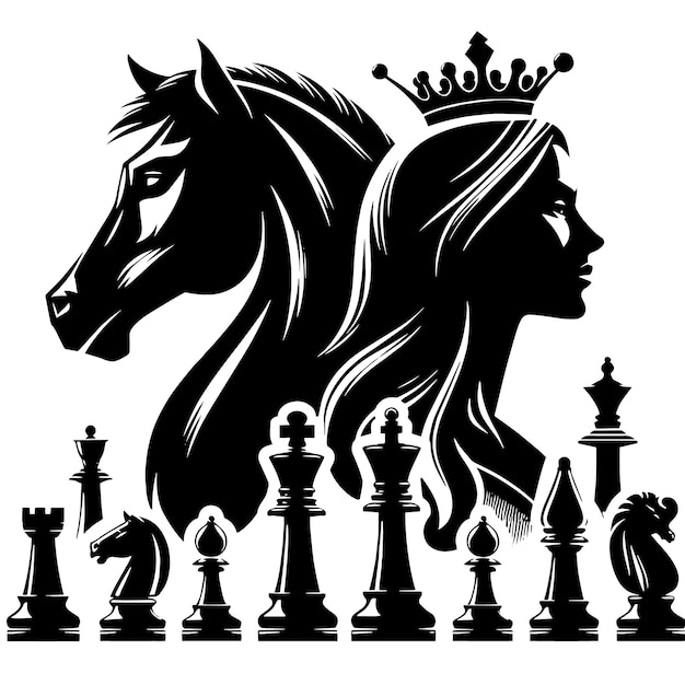 Foto schwarze und weiße silhouette eines lorbeerkranzes mit einer schachfigur-symbolillustration