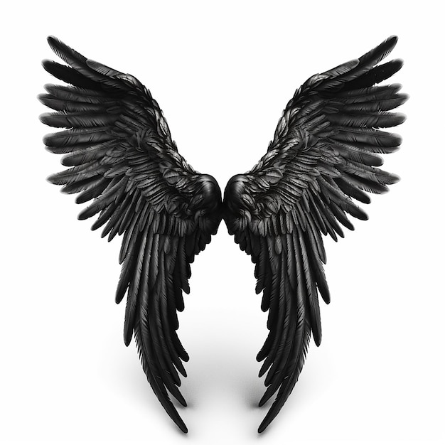 Schwarze Vogelflügel mit Federn isoliert auf weißer Nahaufnahme für Tattoo-Design-Element