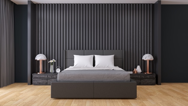 Schwarze Wand, moderner Schlafzimmerinnenraum
