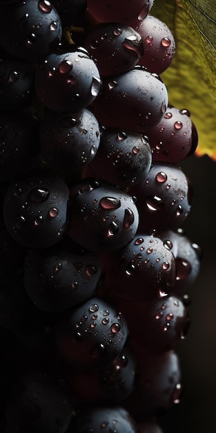 Schwarze Weintrauben mit Wassertropfen auf dunklem Hintergrund. Generative KI