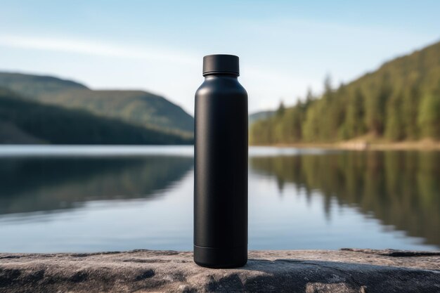 Schwarze wiederverwendbare Thermosflasche mit einem See