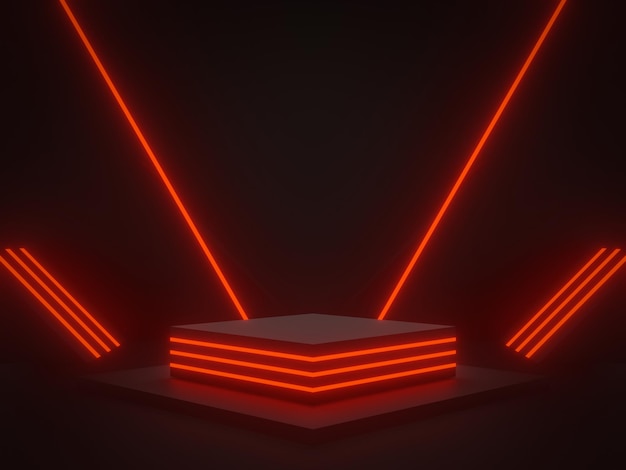 Schwarze wissenschaftliche 3D-Bühne mit roten Neonlichtern Geometrischer Podium-SciFi-Ständer