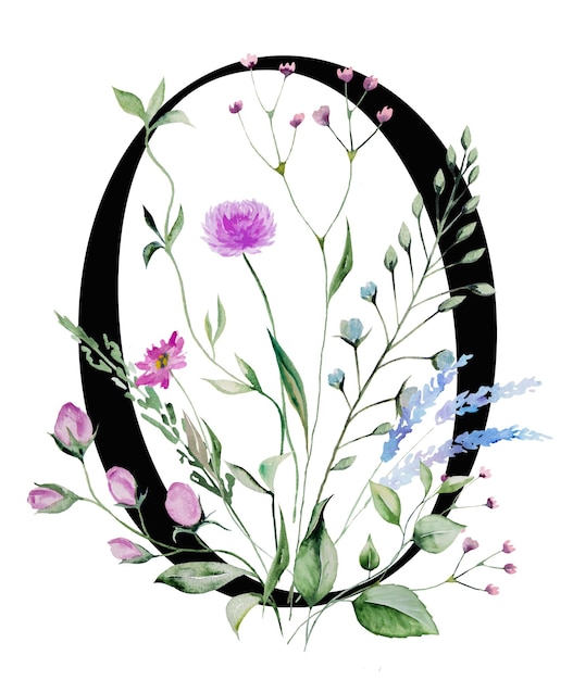 Schwarze Zahl 0 mit Aquarell-Wildblumen und Blättern Bouquet Sommerblumenhochzeitsdesign