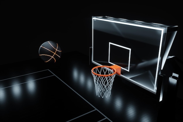 Schwarzer Basketball vor einem Basketball-Hintergrund und Ring auf dunklem Hintergrund Basketball-Konzept Sportwetten Kopieren Sie Platz 3D-Darstellung 3D-Rendering