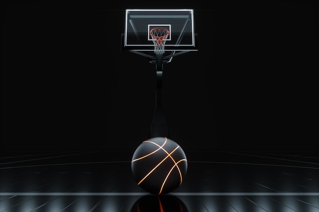 Schwarzer Basketball vor einem Basketball-Hintergrund und Ring auf dunklem Hintergrund Basketball-Konzept Sportwetten Kopieren Sie Platz 3D-Darstellung 3D-Rendering