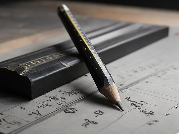 Schwarzer Bleistift in der Nähe von grauem Stahl Lineal am schwarzen Tisch