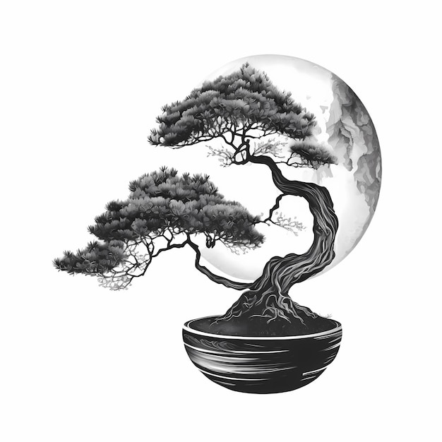 Foto schwarzer bonsai mit weißem vollmond