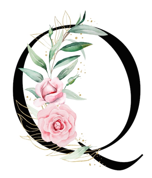 Schwarzer Buchstabe Q mit rosa Aquarellblumen und grünen und goldenen Blättern isolierte Illustration