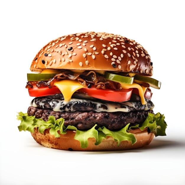 Schwarzer Burger mit Käsetomate und Salat auf weißem Hintergrund