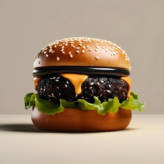 Schwarzer Burger mit Käsetomate und Salat auf weißem Hintergrund