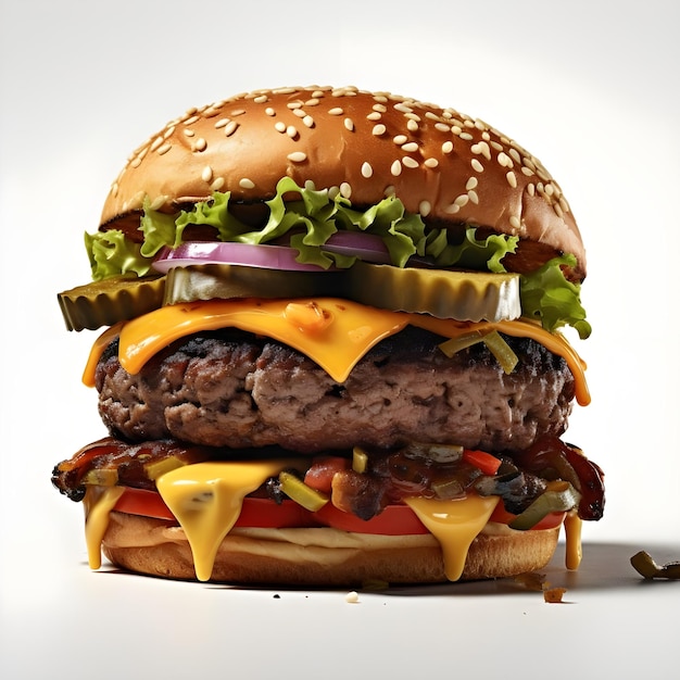 Schwarzer Burger mit Käsetomate und Salat auf weißem Hintergrund