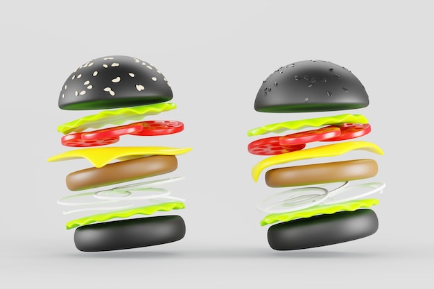 Schwarzer Burger oder Hamburger Fliegenbewegung mit Zutaten 3D-Render-Icon-Set Isoliertes Fastfood mit Brot Fleisch Käse Tomatensalat Zwiebel Cheeseburger mit weißem und schwarzem Sesam 3D-Illustration