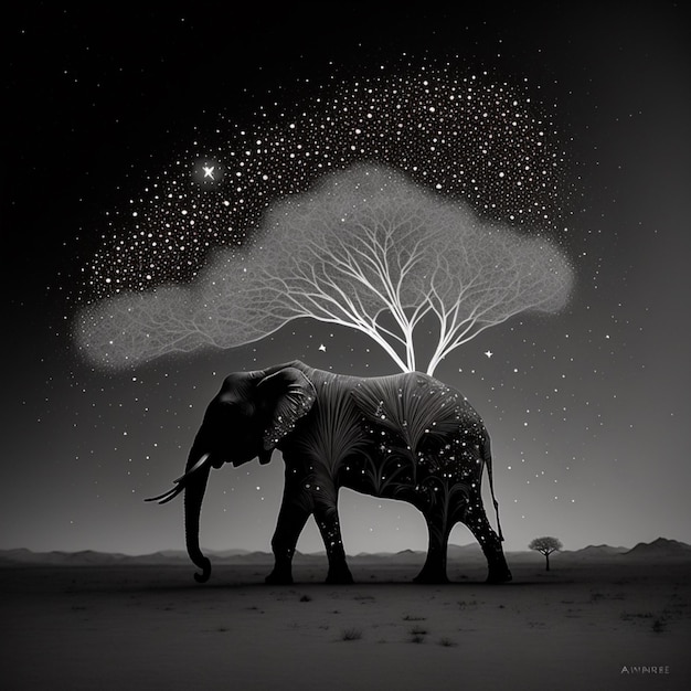 Schwarzer Elefant, Baum, Sterne, Himmel, Tapeten-Design, KI-generierte Kunst