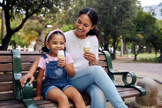 Schwarzer Familienpark und Eis mit Mutter und Tochter, die sich zusammenschließen, während sie auf einer Bank im Freien in der Natur sitzen Sommerkinder und Garten mit einer Frau und einem Mädchen, die einen süßen Snack genießen