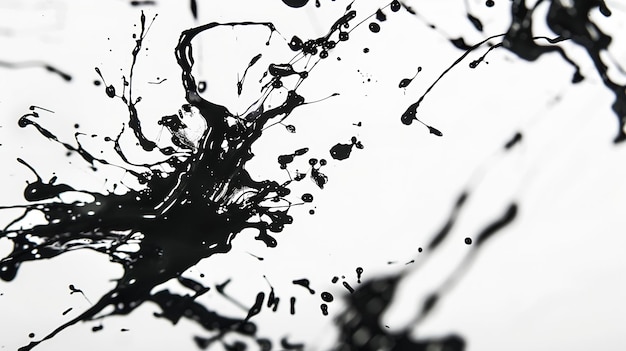 Schwarzer Farbstropfen auf weißem Papier, Überlagerung mit Splitter, zerrissene Randtextur, feuchter Tintenfleck, generative KI