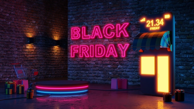 Foto schwarzer freitag neonlicht-glühpodium online-shopping auf backsteinmauerhintergrund. 3d-rendering