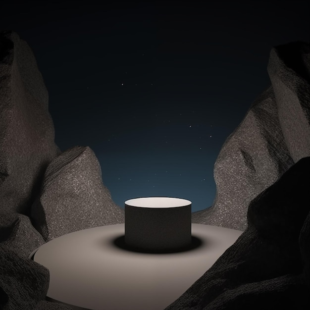 schwarzer geometrischer Stein und Felsform auf dem Hintergrund des Nachthimmels minimalistisches Modell für die Podiumsdarstellung