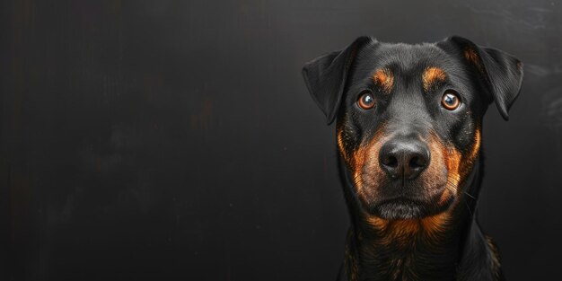 Foto schwarzer großer hund auf einem leeren schwarzen hintergrund minimalistisches banner mit kopierraum