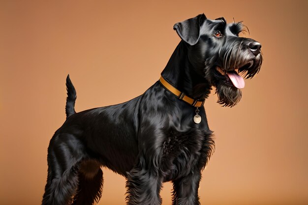 Schwarzer großer Riesen-Schnauzer-Hund auf orangefarbenem Hintergrund