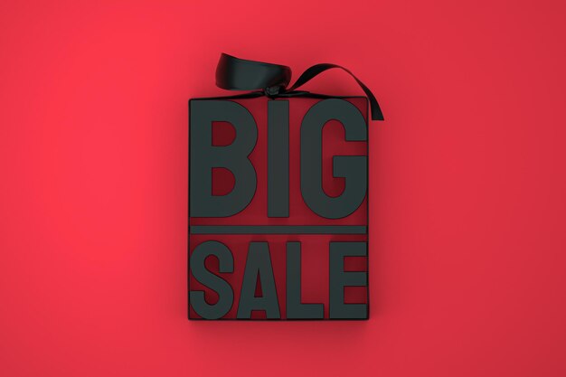 Schwarzer großer Verkauf 3D-Design-Rendering für Verkaufsförderung mit Schleife und Band auf rotem isoliertem Hintergrund