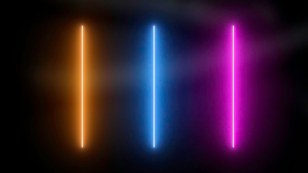 Schwarzer Hintergrund mit drei mehrfarbigen leuchtenden Streifen Bewegung orange-blaue und rosa Streifen in der Animation, die funkeln