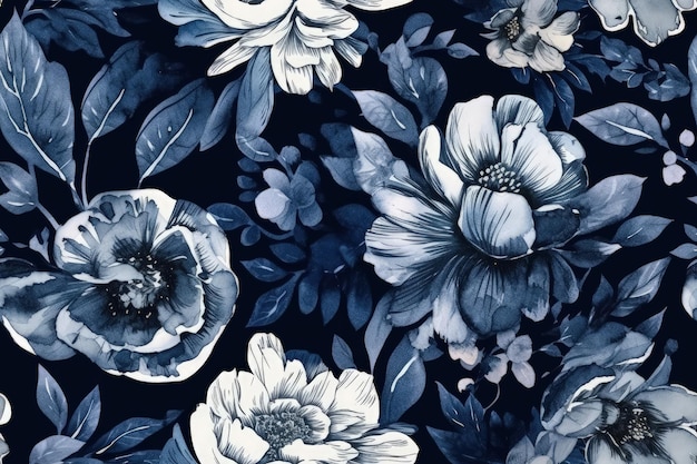 Schwarzer Hintergrund mit einem lebendigen blau-weißen Blumenmuster Generative KI