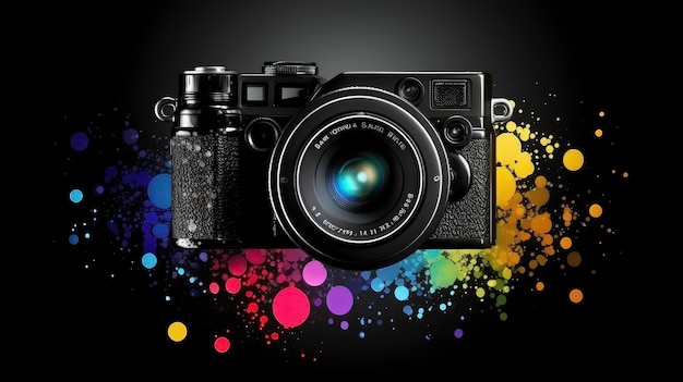 Schwarzer Hintergrund mit einer Cartoon-Kamera und mehrfarbigen Effekten. KI-generiertes Bild