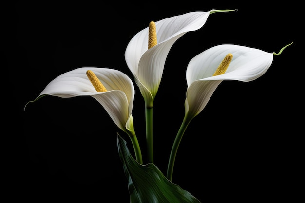 Foto schwarzer hintergrund mit platz für text und atemberaubenden calla-lilienblüten