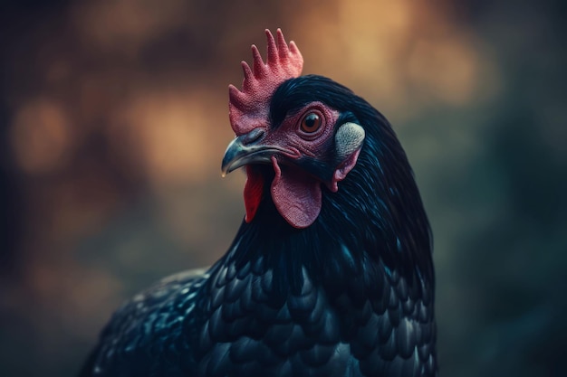 Schwarzer Hühnerkopf, Nahaufnahme, Porträt eines heimischen Vogels, erzeugt KI