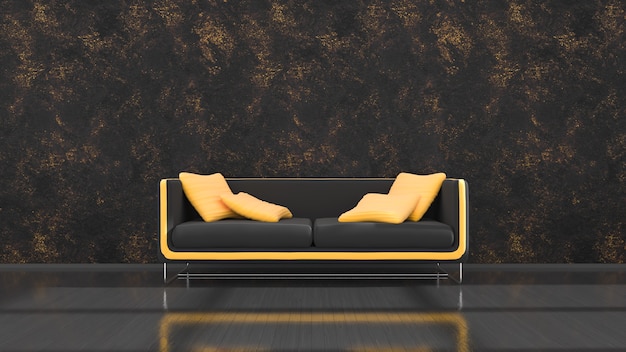 Schwarzer Innenraum mit modernem schwarzem und gelbem Sofa, 3d Illustration