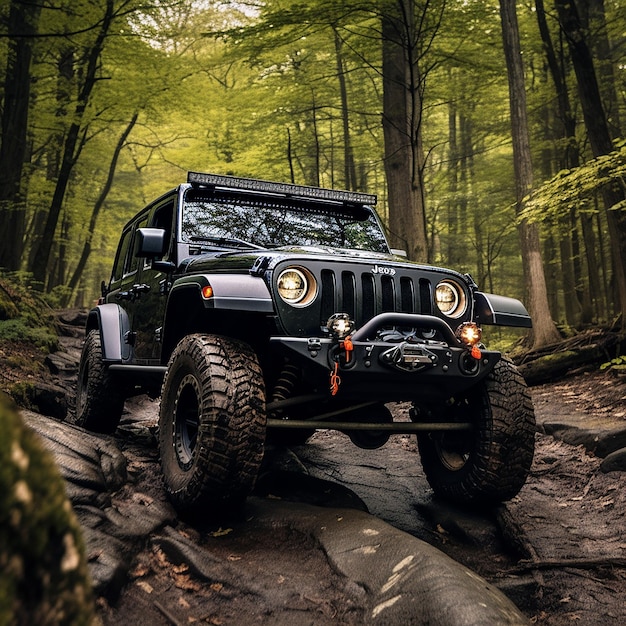 schwarzer Jeep klettert auf einen Felsen