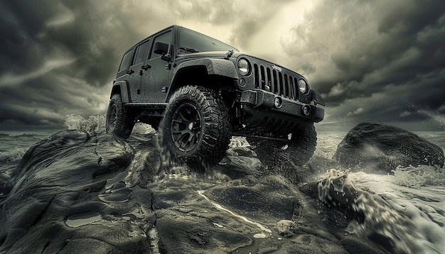 Schwarzer Jeep klettert auf einen Felsen