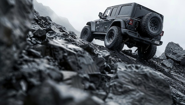 Schwarzer Jeep klettert auf einen Felsen