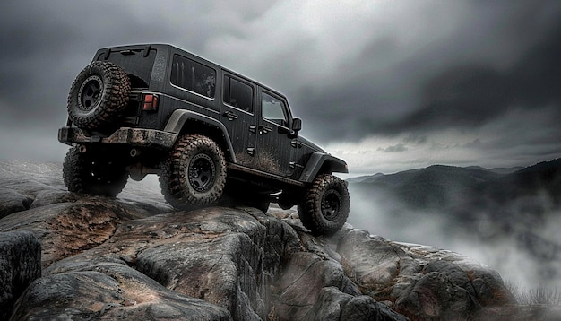 Schwarzer Jeep klettert auf einen Felsen