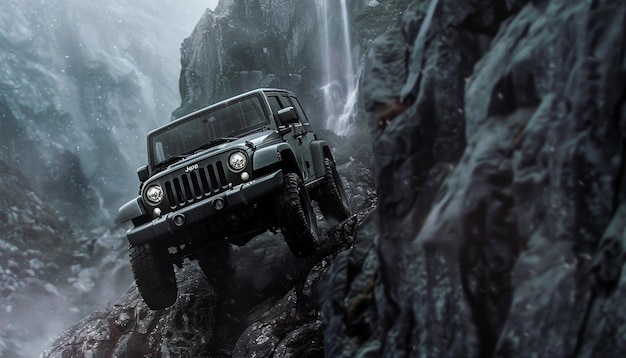 Schwarzer Jeep klettert auf einen Felsen