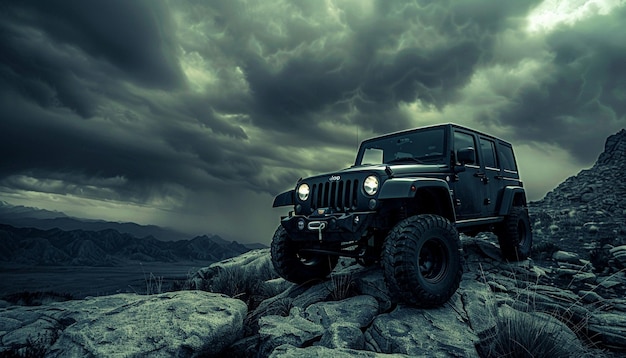 Schwarzer Jeep klettert auf einen Felsen