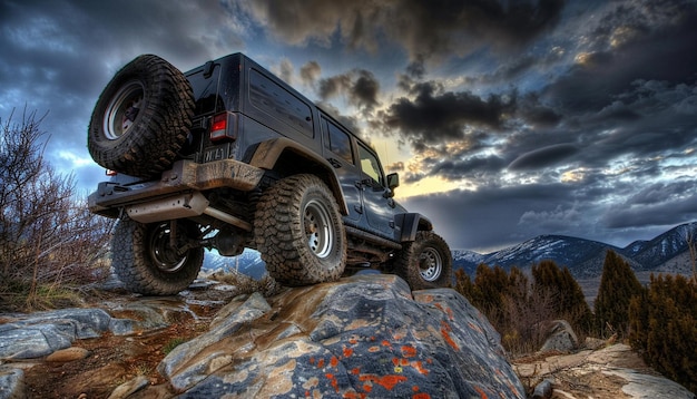 Schwarzer Jeep klettert auf einen Felsen