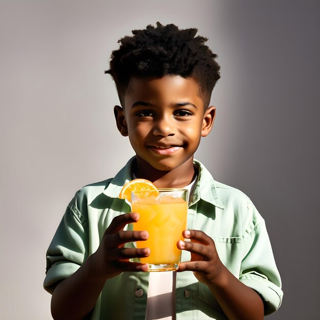 Schwarzer Junge hält ein Glas Orangensaft