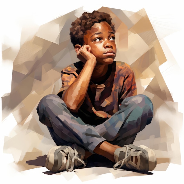 Schwarzer Junge in Gedanken und Zweifeln posiert in Öl gemalte Illustration. Männliche Figur mit verträumtem Gesicht auf abstraktem Hintergrund. Ai generierte helles Poster auf Acryl-Leinwand