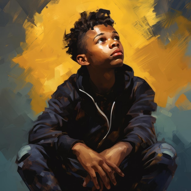 Schwarzer Junge in Gedanken und Zweifeln posiert in Öl gemalte Illustration. Männliche Figur mit verträumtem Gesicht auf abstraktem Hintergrund. Ai generierte helles Poster auf Acryl-Leinwand