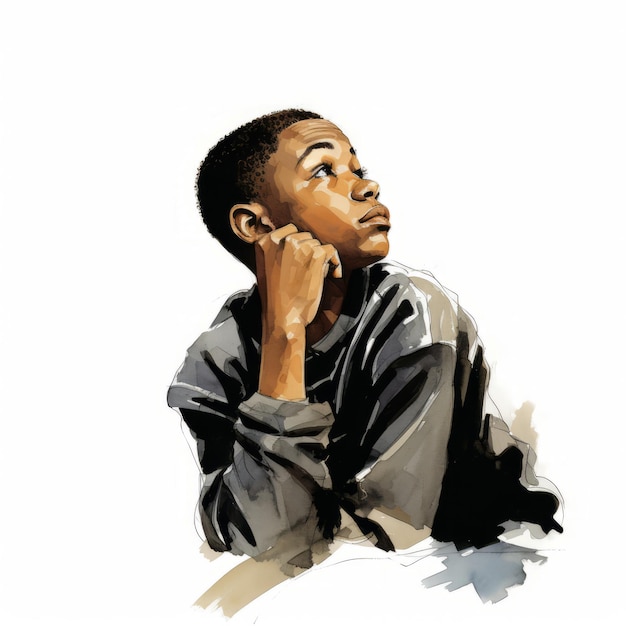 Schwarzer Junge in Gedanken und Zweifeln stellt Aquarellillustration dar. Junge männliche Figur mit verträumtem Gesicht auf abstraktem Hintergrund. Ai generierte hell gezeichnetes Poster