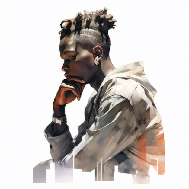 Schwarzer junger Mann im Denken und Zweifeln Illustration Männlicher Hipster-Charakter mit verträumtem Gesicht auf abstraktem Hintergrund Ai generierte sanft gefärbtes gezeichnetes Poster
