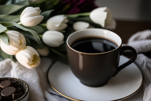 Schwarzer Kaffee am Morgen in einer Frühlingskulisse. Osterpartys planen