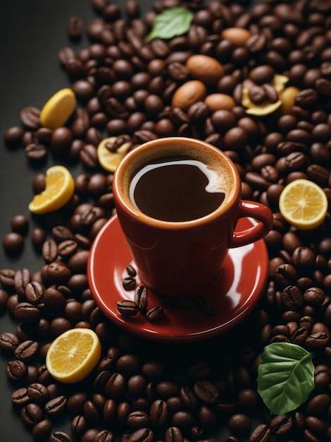 Schwarzer Kaffee in einer Tasse auf dem Hintergrund von Kaffeebohnen in einer Komposition mit Zubehör