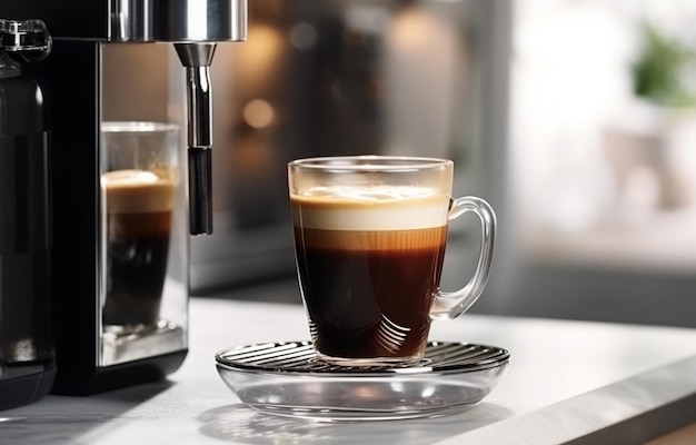 schwarzer Kaffee wird in einen Glasbecher gegossen, der auf einem Metall-S steht