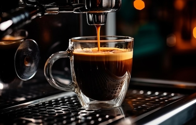 schwarzer Kaffee wird in einen Glasbecher gegossen, der auf einem Metall-S steht