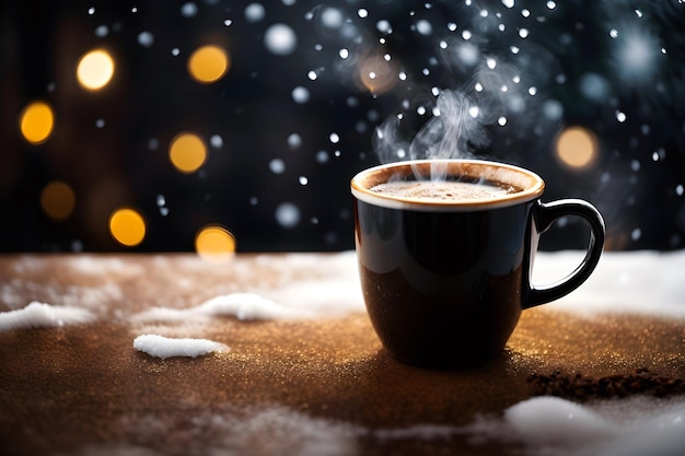 Schwarzer Kaffeebecher-Hintergrund, heißer Kaffee, Dampf, Schnee, fallendes Getränk, Winterbanner, Kopienraumtext