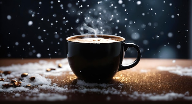 Schwarzer Kaffeebecher-Hintergrund, heißer Kaffee, Dampf, Schnee, fallendes Getränk, Winterbanner, Kopienraumtext