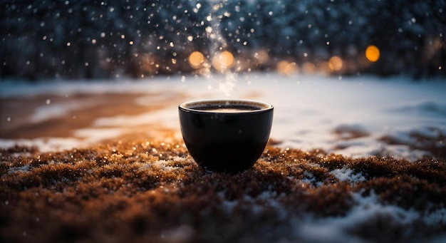 Schwarzer Kaffeebecher-Hintergrund, heißer Kaffee, Dampf, Schnee, fallendes Getränk, Winterbanner, Kopienraumtext