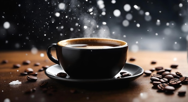 Schwarzer Kaffeebecher-Hintergrund, heißer Kaffee, Dampf, Schnee, fallendes Getränk, Winterbanner, Kopienraumtext